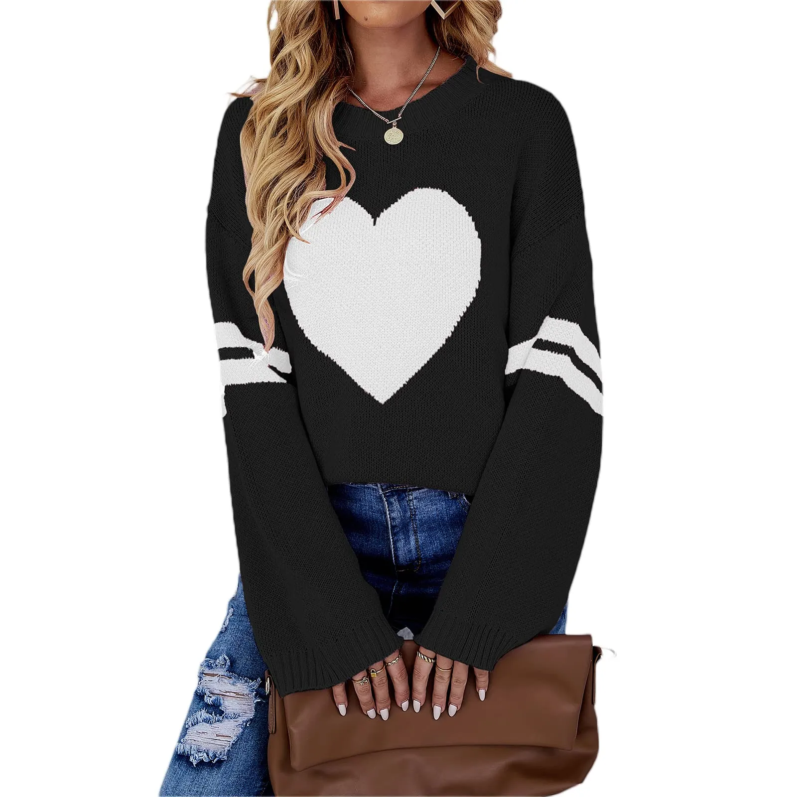 Valentines Heart  Long Sleeve Crew Neck Chunky Knitted Pullover Ribbed Sweater
