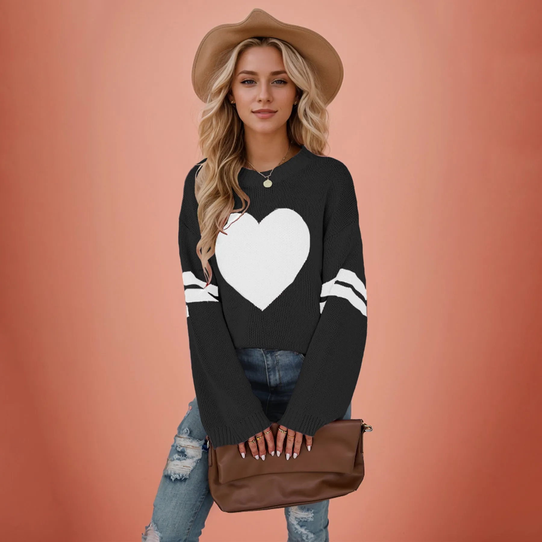 Valentines Heart  Long Sleeve Crew Neck Chunky Knitted Pullover Ribbed Sweater
