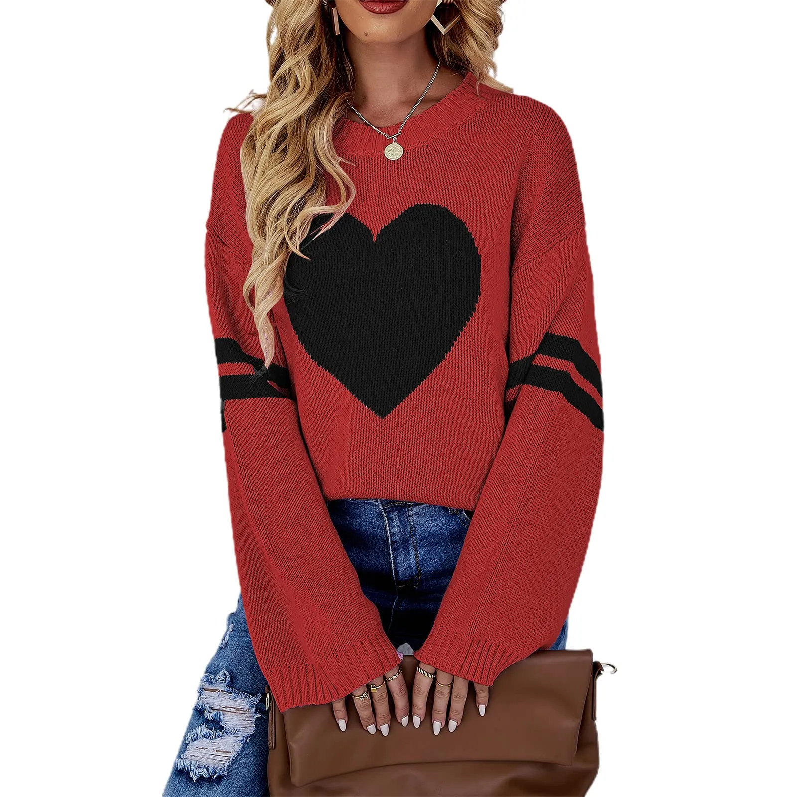Valentines Heart  Long Sleeve Crew Neck Chunky Knitted Pullover Ribbed Sweater