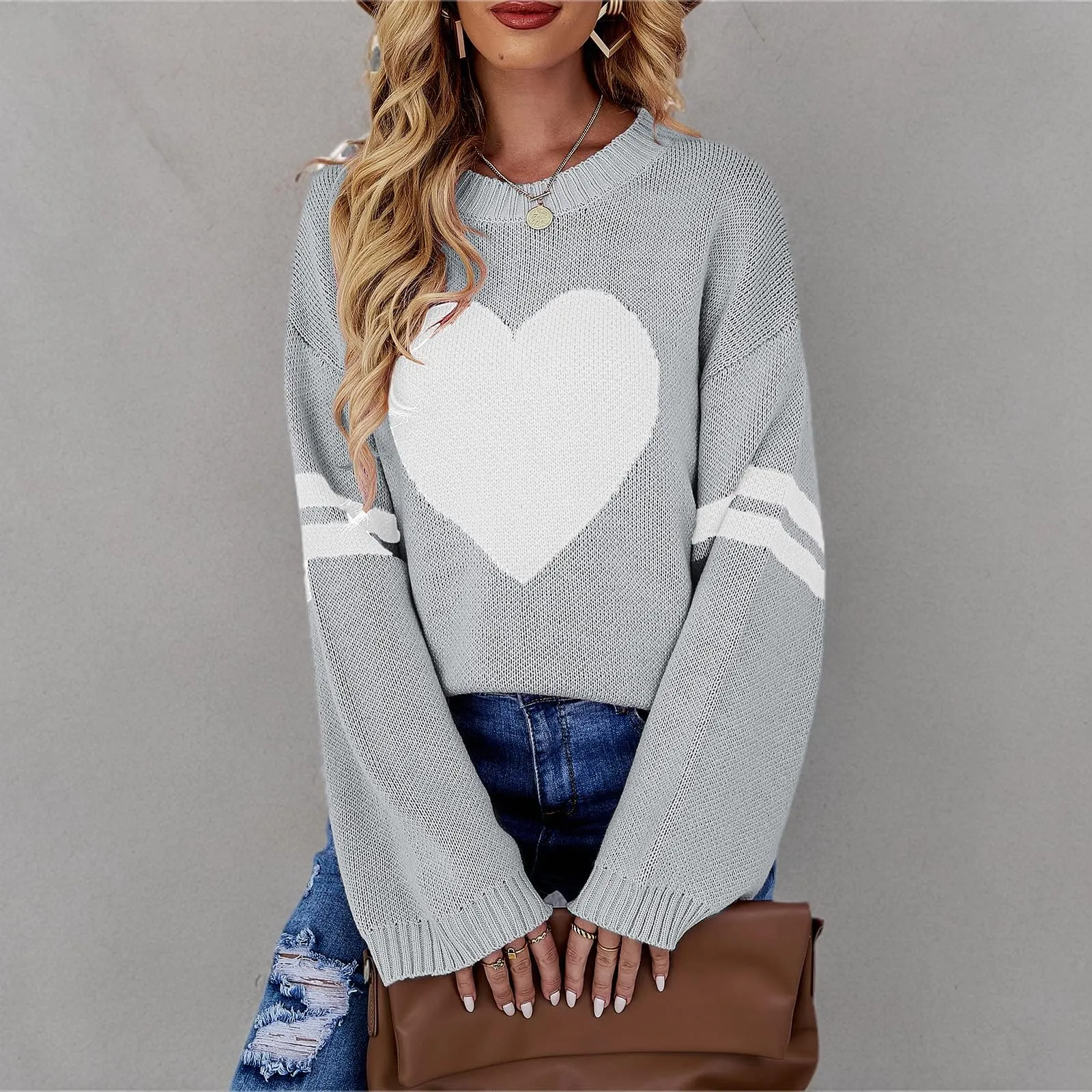 Valentines Heart  Long Sleeve Crew Neck Chunky Knitted Pullover Ribbed Sweater