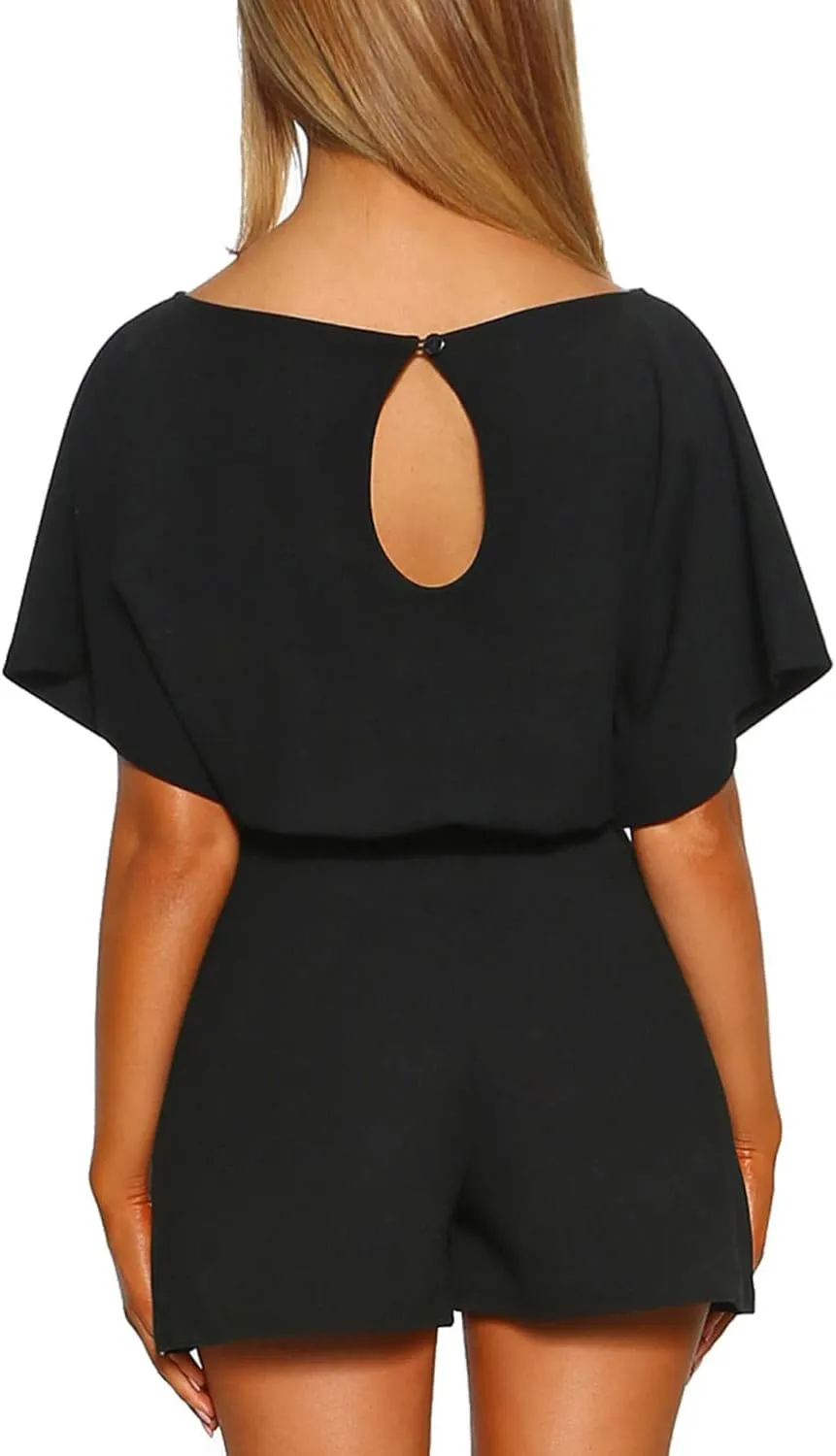 Vetinee Womens Summer Belted Romper Keyhole Back Short Sleeve Jumpsuit Playsuit