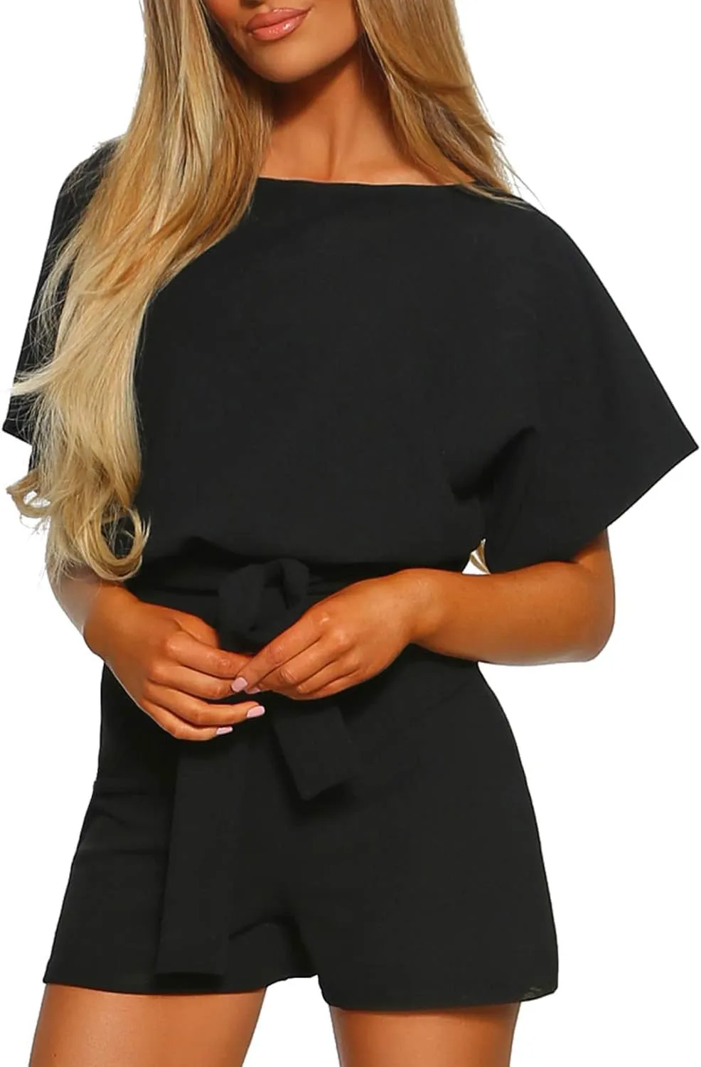 Vetinee Womens Summer Belted Romper Keyhole Back Short Sleeve Jumpsuit Playsuit
