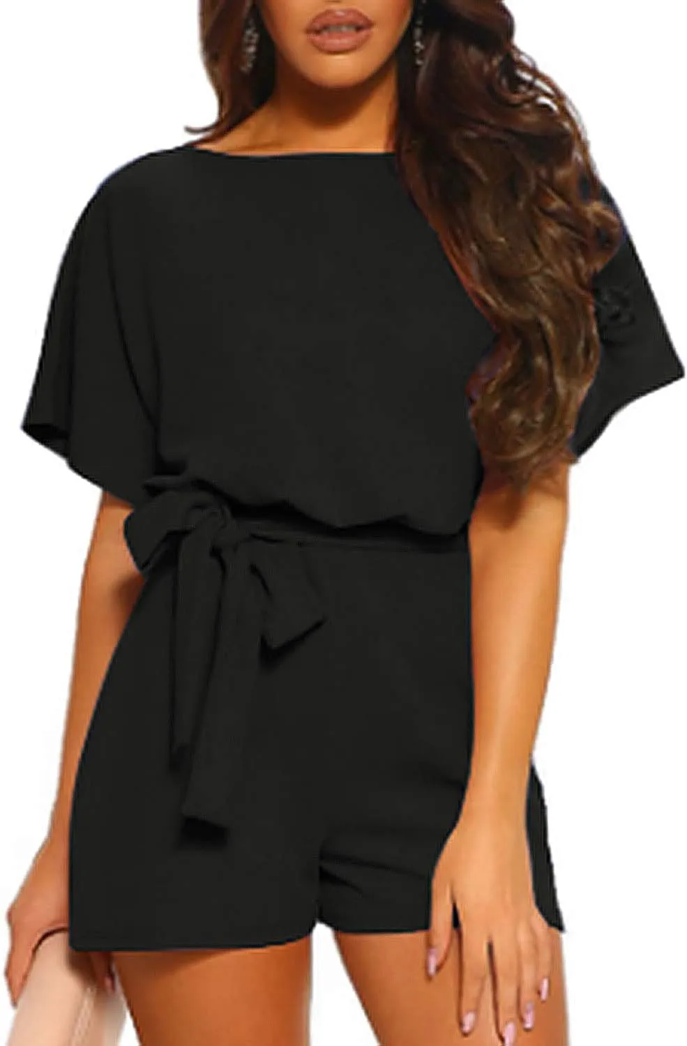 Vetinee Womens Summer Belted Romper Keyhole Back Short Sleeve Jumpsuit Playsuit