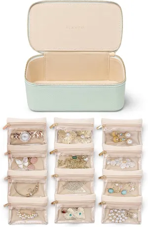 Vlando Travel Jewelry Case,Jewelry Box with 12 Pcs Clear Velvet Jewelry Bags, PU Leather Jewelry Organizer for Christmas Gifts Bridesmaid Gifts Birthday Preppy Gift-Mint Green