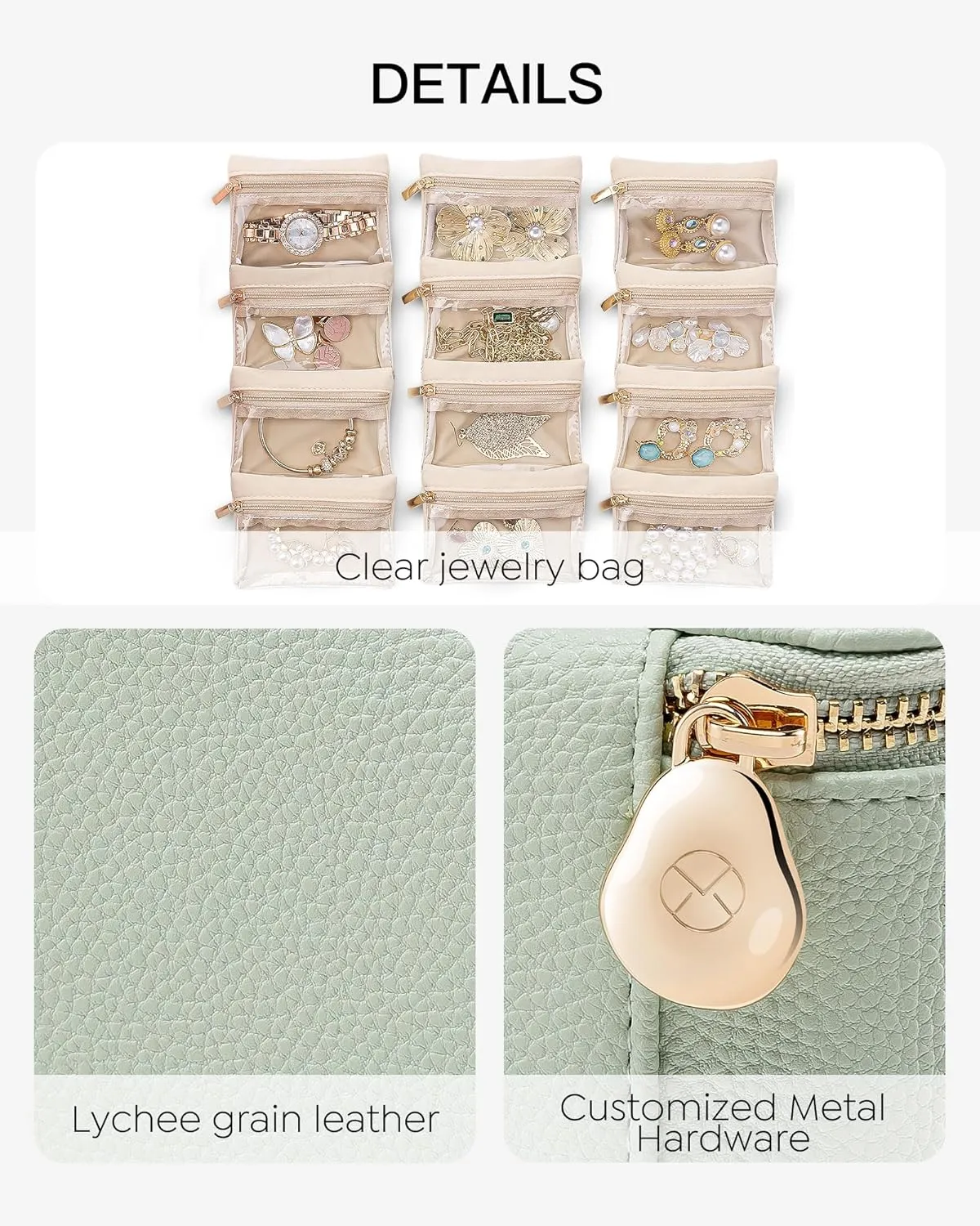 Vlando Travel Jewelry Case,Jewelry Box with 12 Pcs Clear Velvet Jewelry Bags, PU Leather Jewelry Organizer for Christmas Gifts Bridesmaid Gifts Birthday Preppy Gift-Mint Green