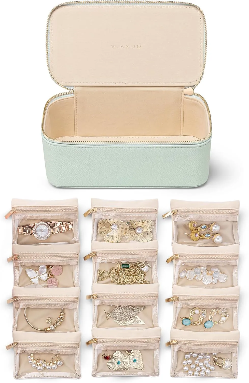 Vlando Travel Jewelry Case,Jewelry Box with 12 Pcs Clear Velvet Jewelry Bags, PU Leather Jewelry Organizer for Christmas Gifts Bridesmaid Gifts Birthday Preppy Gift-Mint Green