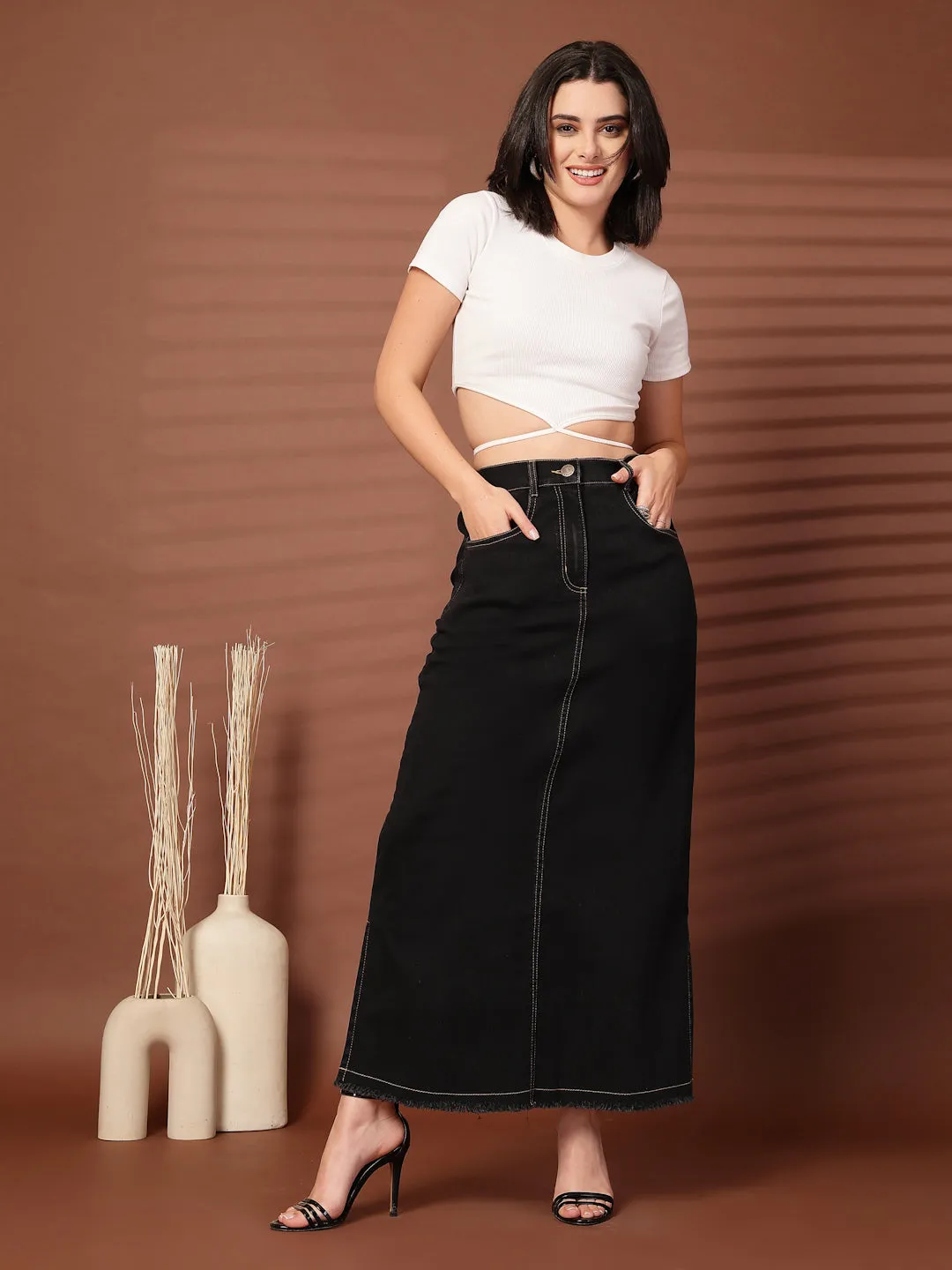 Women Denim Pencil Side Slit Maxi Skirts