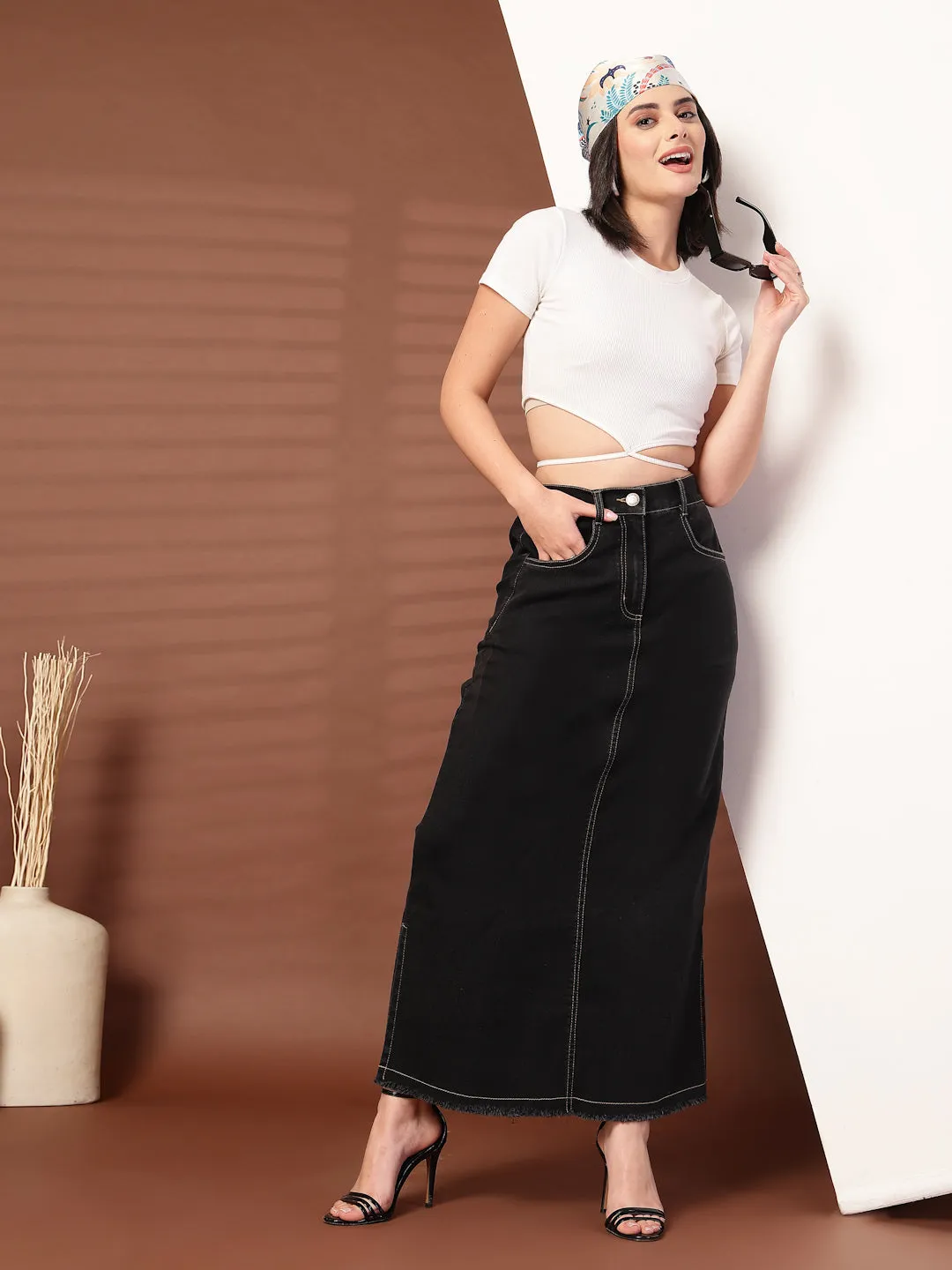 Women Denim Pencil Side Slit Maxi Skirts