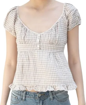 Women Y2k Gingham Top Lace Trim Scoop Neck Short Sleeve Tees Ruffle Hem Aesthetic Shirt Coquette Clothes
