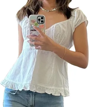 Women Y2k Gingham Top Lace Trim Scoop Neck Short Sleeve Tees Ruffle Hem Aesthetic Shirt Coquette Clothes