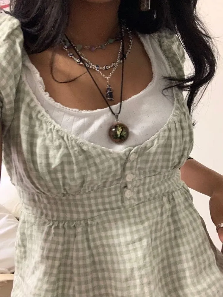Women Y2k Gingham Top Lace Trim Scoop Neck Short Sleeve Tees Ruffle Hem Aesthetic Shirt Coquette Clothes