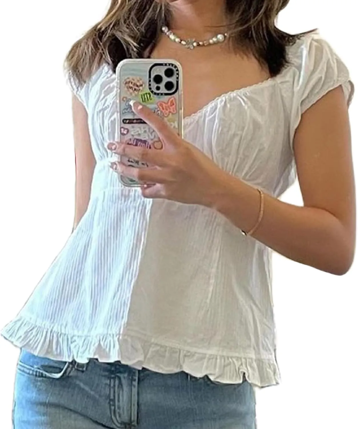 Women Y2k Gingham Top Lace Trim Scoop Neck Short Sleeve Tees Ruffle Hem Aesthetic Shirt Coquette Clothes