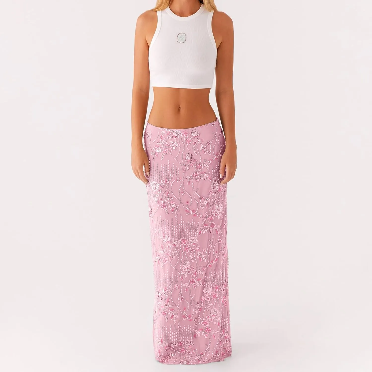 Women Y2k Sequin Long Skirt Bead Floral Embroidery Maxi Skirt Low Waist Rhinestone Glitter Bodycon Club Skirt
