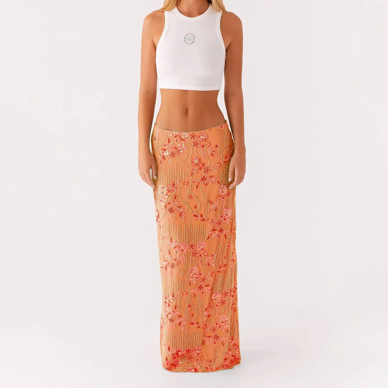 Women Y2k Sequin Long Skirt Bead Floral Embroidery Maxi Skirt Low Waist Rhinestone Glitter Bodycon Club Skirt