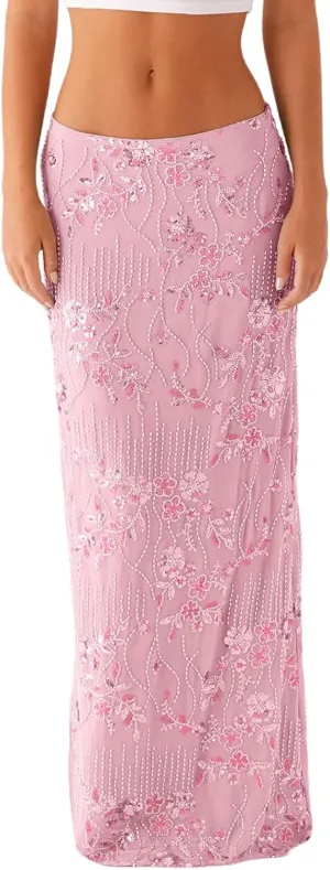 Women Y2k Sequin Long Skirt Bead Floral Embroidery Maxi Skirt Low Waist Rhinestone Glitter Bodycon Club Skirt