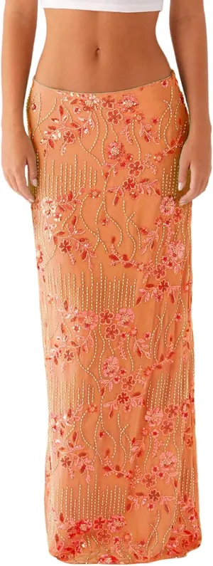 Women Y2k Sequin Long Skirt Bead Floral Embroidery Maxi Skirt Low Waist Rhinestone Glitter Bodycon Club Skirt
