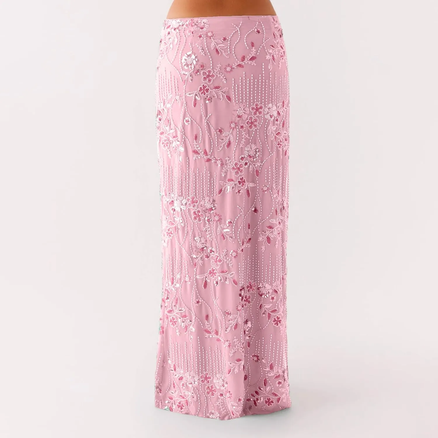 Women Y2k Sequin Long Skirt Bead Floral Embroidery Maxi Skirt Low Waist Rhinestone Glitter Bodycon Club Skirt