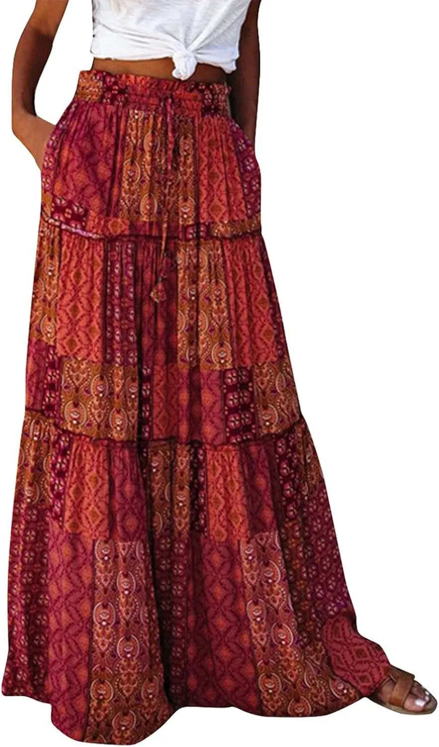 Womens Boho Maxi Skirt with Pockets Cute Summer Flowy Floral Long Bohemian Skirts Hawaiian Elastic High Waisted Skirt