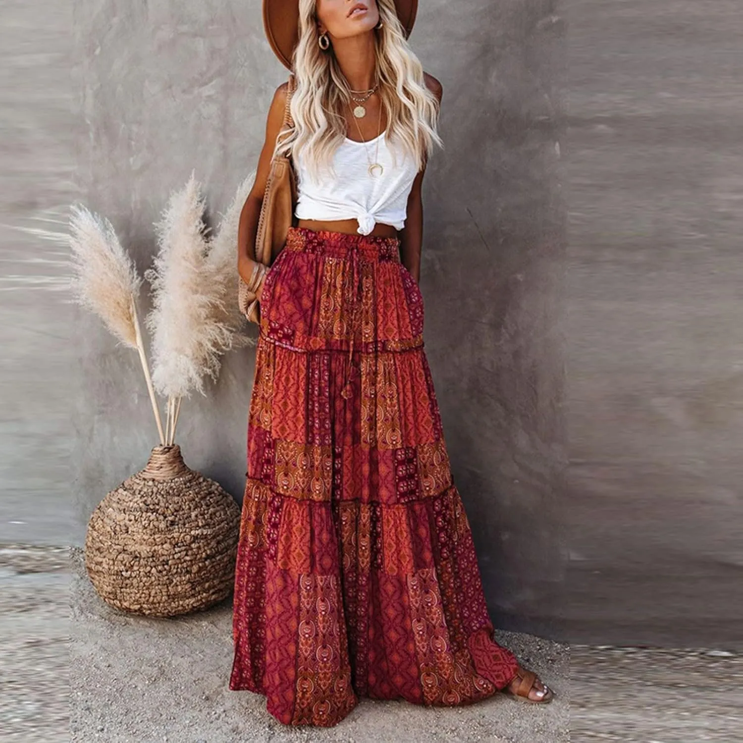 Womens Boho Maxi Skirt with Pockets Cute Summer Flowy Floral Long Bohemian Skirts Hawaiian Elastic High Waisted Skirt