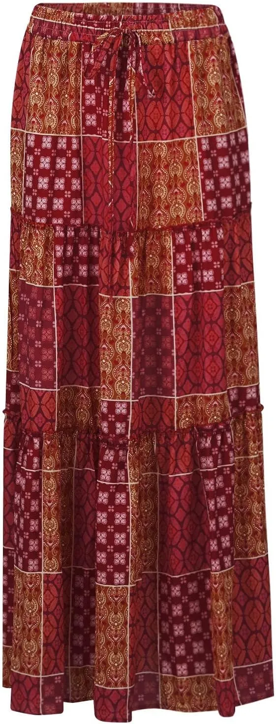 Womens Boho Maxi Skirt with Pockets Cute Summer Flowy Floral Long Bohemian Skirts Hawaiian Elastic High Waisted Skirt