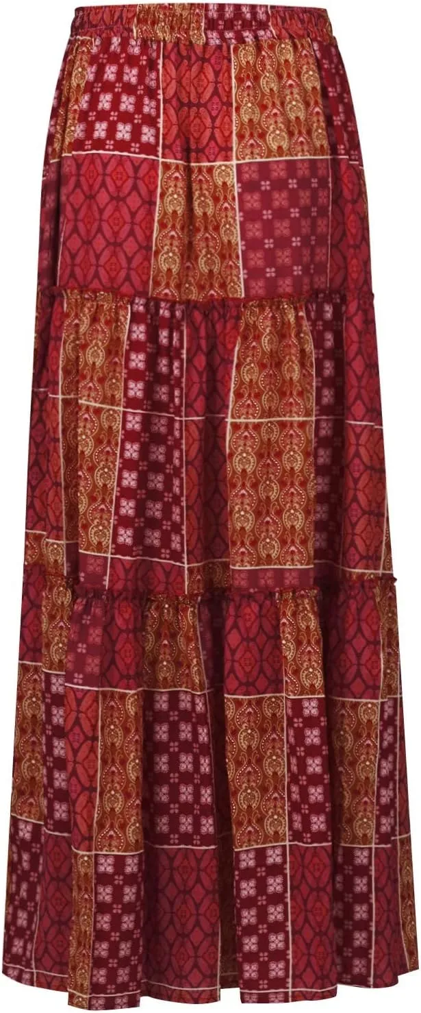 Womens Boho Maxi Skirt with Pockets Cute Summer Flowy Floral Long Bohemian Skirts Hawaiian Elastic High Waisted Skirt
