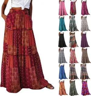 Womens Boho Maxi Skirt with Pockets Cute Summer Flowy Floral Long Bohemian Skirts Hawaiian Elastic High Waisted Skirt