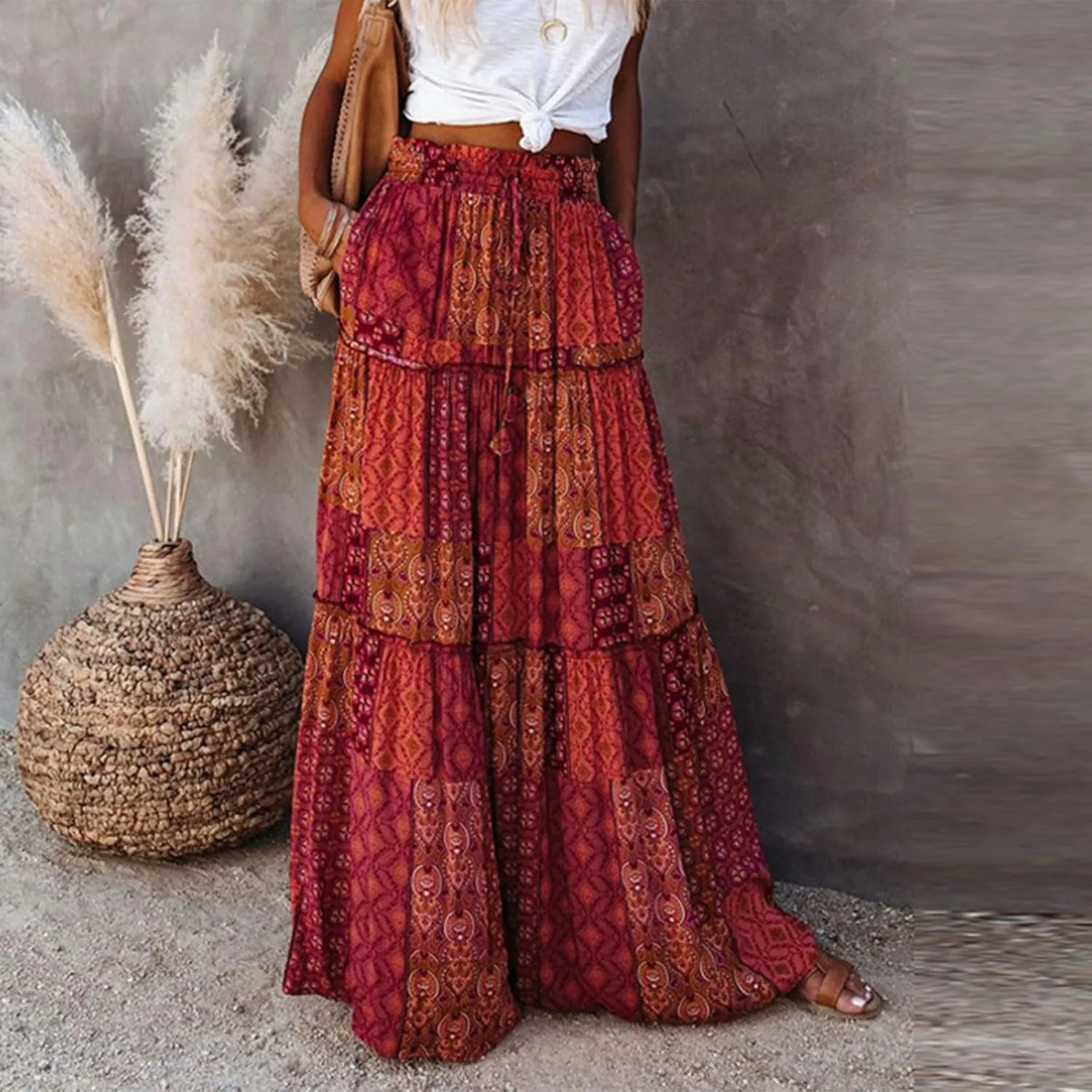 Womens Boho Maxi Skirt with Pockets Cute Summer Flowy Floral Long Bohemian Skirts Hawaiian Elastic High Waisted Skirt