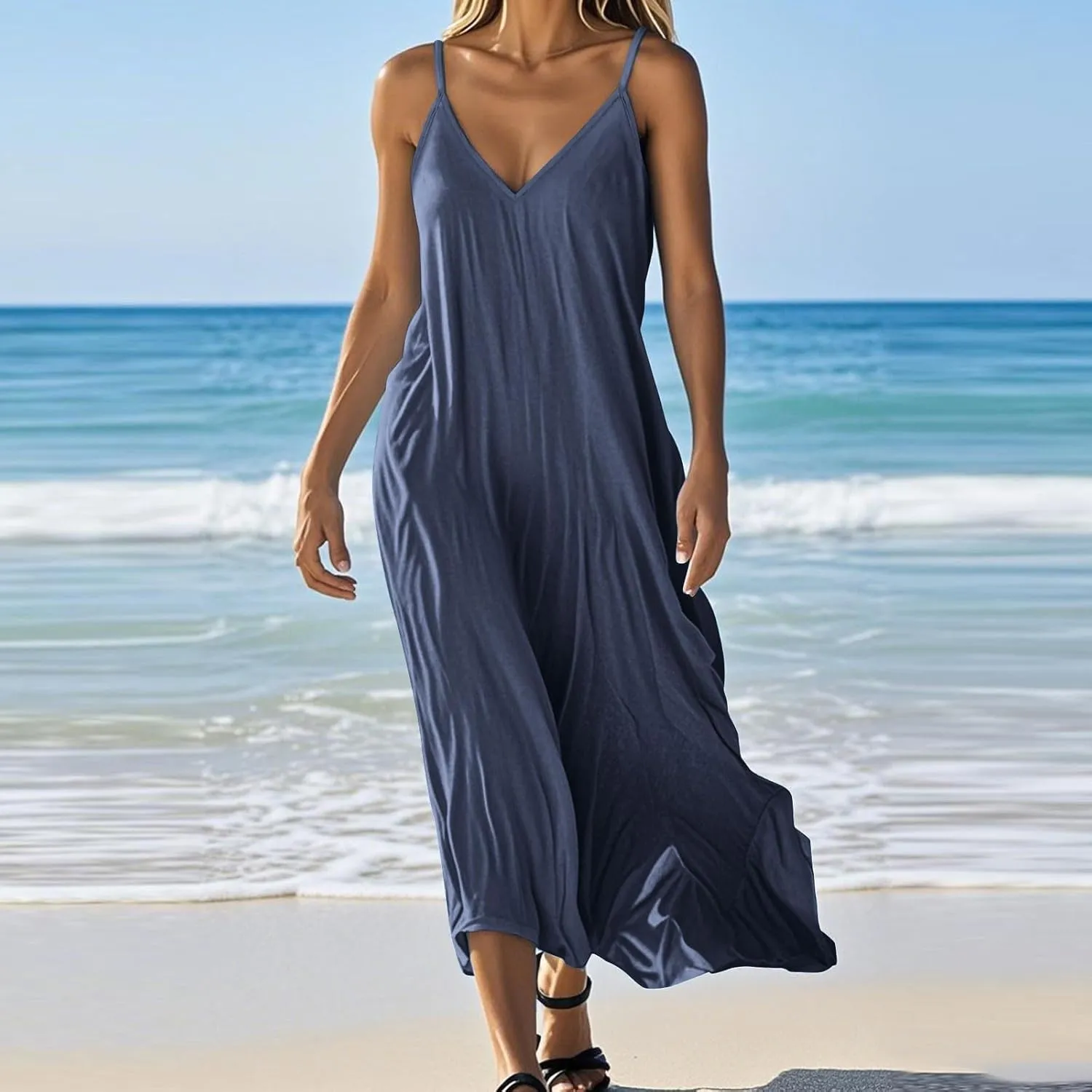 Women's Cami Dress Cotton Linen Sleeveless Maxi Dress 2025 Summer Loose Casual Dresses Plain V-Neck Spaghetti Strap Sundress