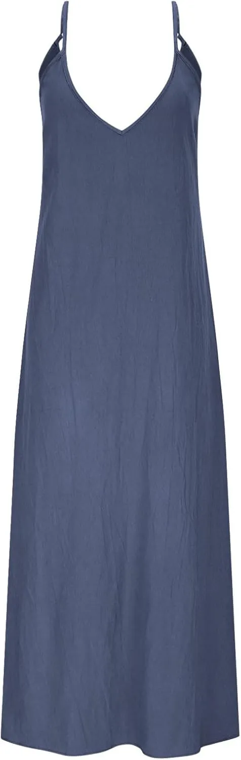 Women's Cami Dress Cotton Linen Sleeveless Maxi Dress 2025 Summer Loose Casual Dresses Plain V-Neck Spaghetti Strap Sundress
