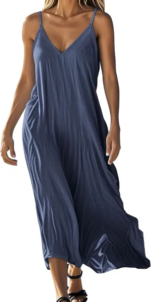 Women's Cami Dress Cotton Linen Sleeveless Maxi Dress 2025 Summer Loose Casual Dresses Plain V-Neck Spaghetti Strap Sundress