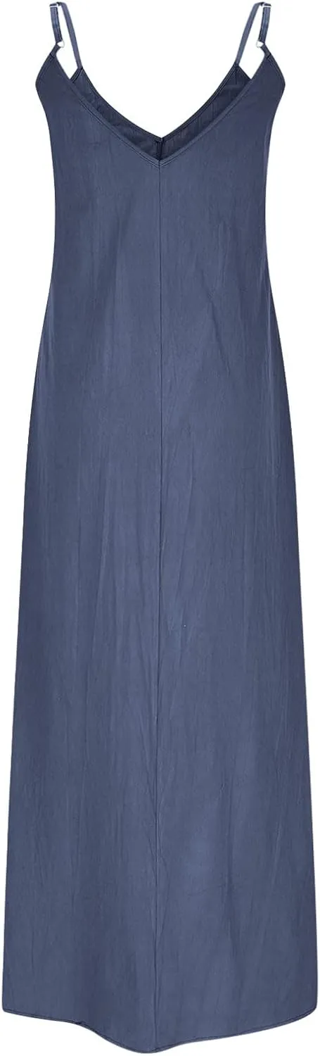 Women's Cami Dress Cotton Linen Sleeveless Maxi Dress 2025 Summer Loose Casual Dresses Plain V-Neck Spaghetti Strap Sundress
