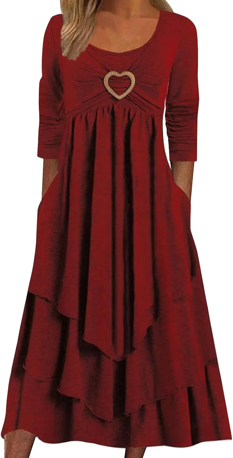 Women's Casual Boho Dresses 2025 Summer Short Sleeve Flowy Tiered Beach Causal Midi Dress with Pockets