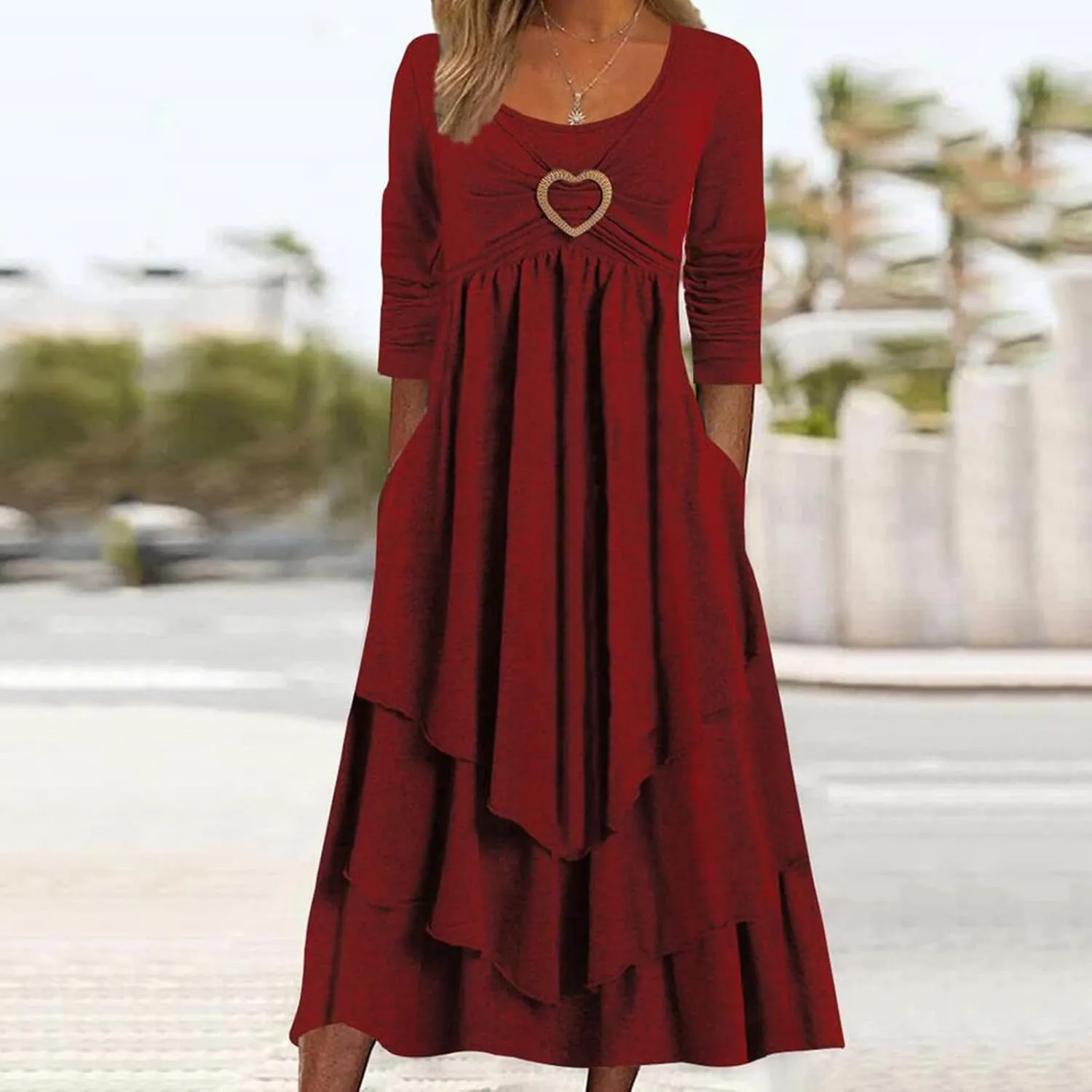 Women's Casual Boho Dresses 2025 Summer Short Sleeve Flowy Tiered Beach Causal Midi Dress with Pockets
