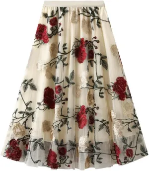 Womens Floral Midi Skirt High Waisted A Line Cute Layered Fairy Mesh Tulle Pleated Skirt