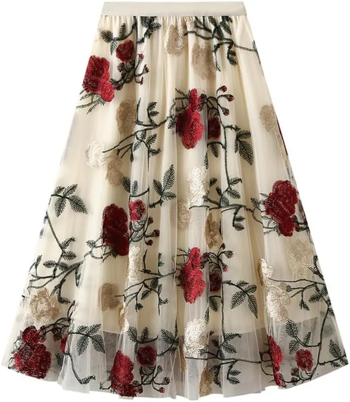 Womens Floral Midi Skirt High Waisted A Line Cute Layered Fairy Mesh Tulle Pleated Skirt