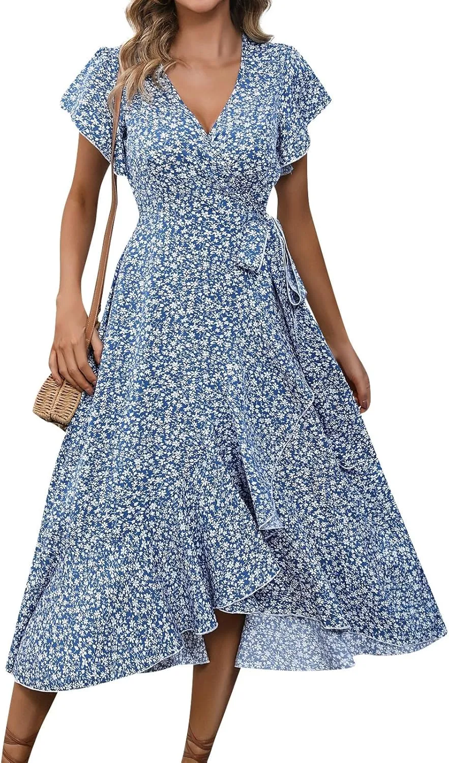Womens Floral Vacation Dresses Casual Waisted Beach Sundresses Hawaiian Flowy V Neck Dress Ladies Trendy Cute Dress