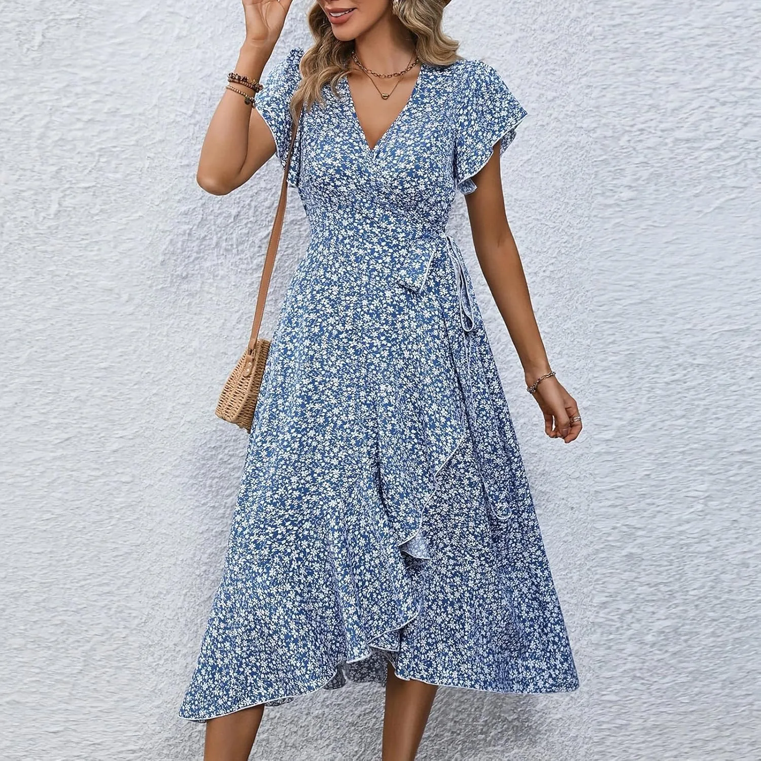 Womens Floral Vacation Dresses Casual Waisted Beach Sundresses Hawaiian Flowy V Neck Dress Ladies Trendy Cute Dress