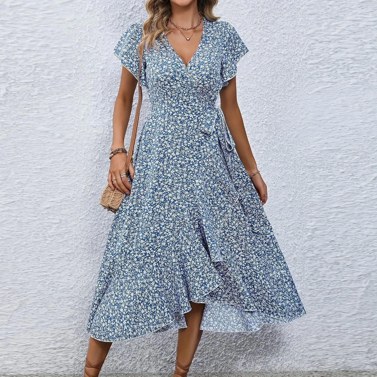Womens Floral Vacation Dresses Casual Waisted Beach Sundresses Hawaiian Flowy V Neck Dress Ladies Trendy Cute Dress