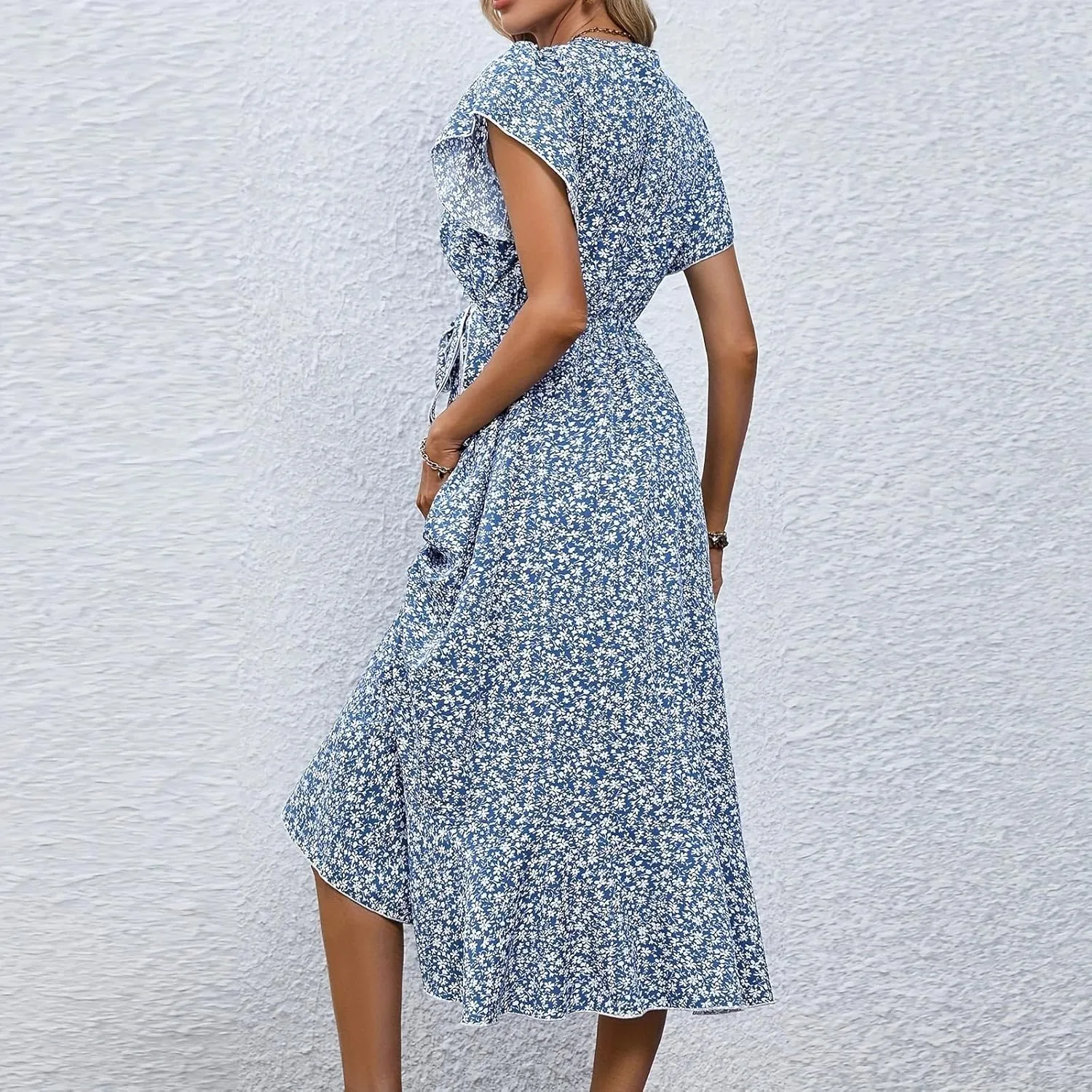 Womens Floral Vacation Dresses Casual Waisted Beach Sundresses Hawaiian Flowy V Neck Dress Ladies Trendy Cute Dress