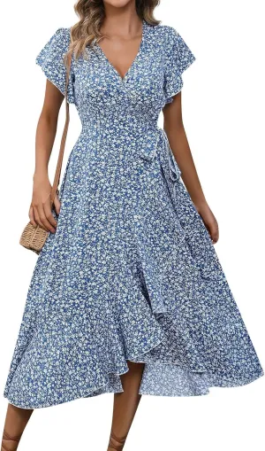 Womens Floral Vacation Dresses Casual Waisted Beach Sundresses Hawaiian Flowy V Neck Dress Ladies Trendy Cute Dress