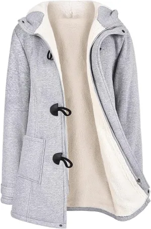 Womens Sherpa Lined Winter Coat Horn Button Fleece Jacket Thicken Zip Up Hoodies Winter Clothes Warm Sweatshirt