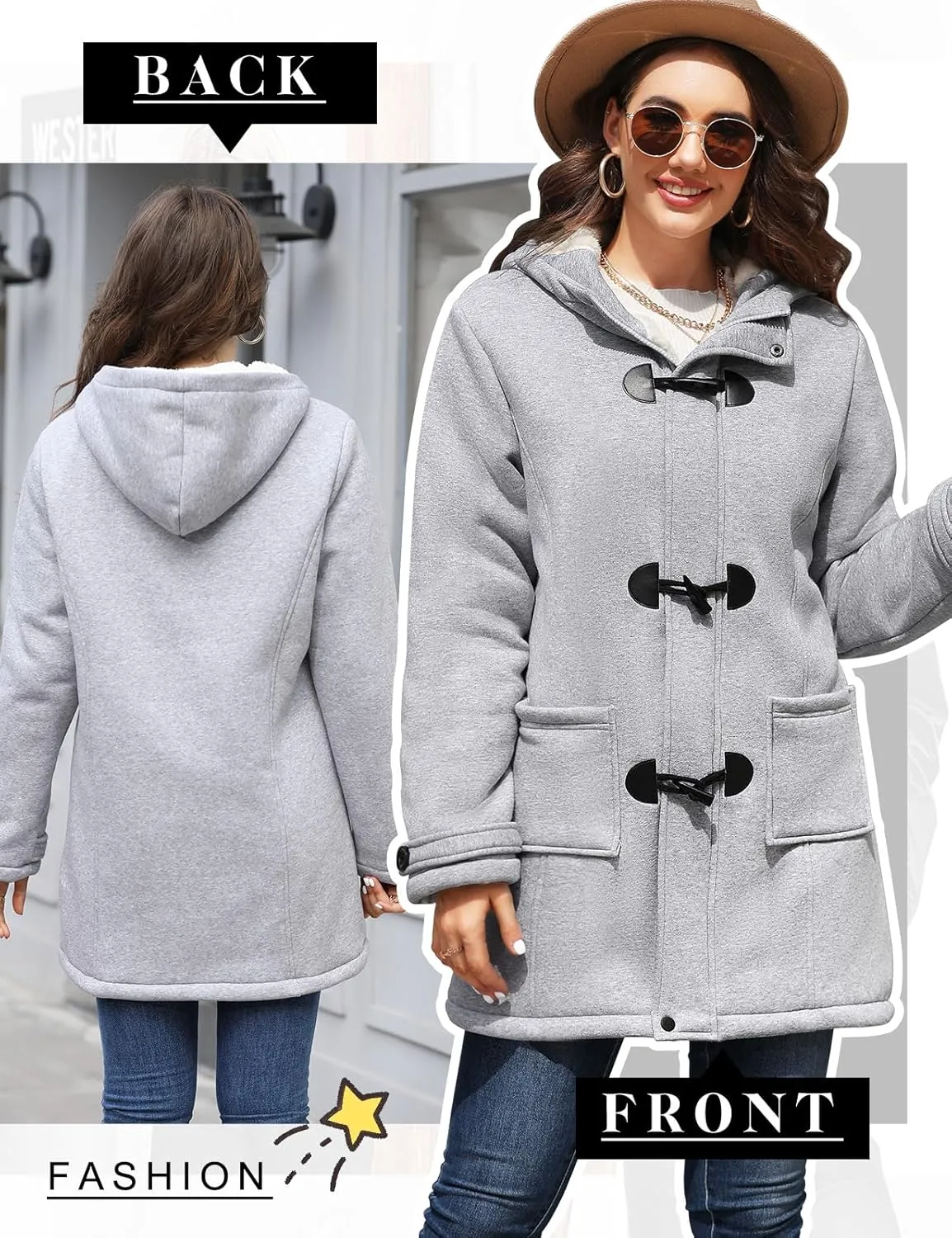 Womens Sherpa Lined Winter Coat Horn Button Fleece Jacket Thicken Zip Up Hoodies Winter Clothes Warm Sweatshirt