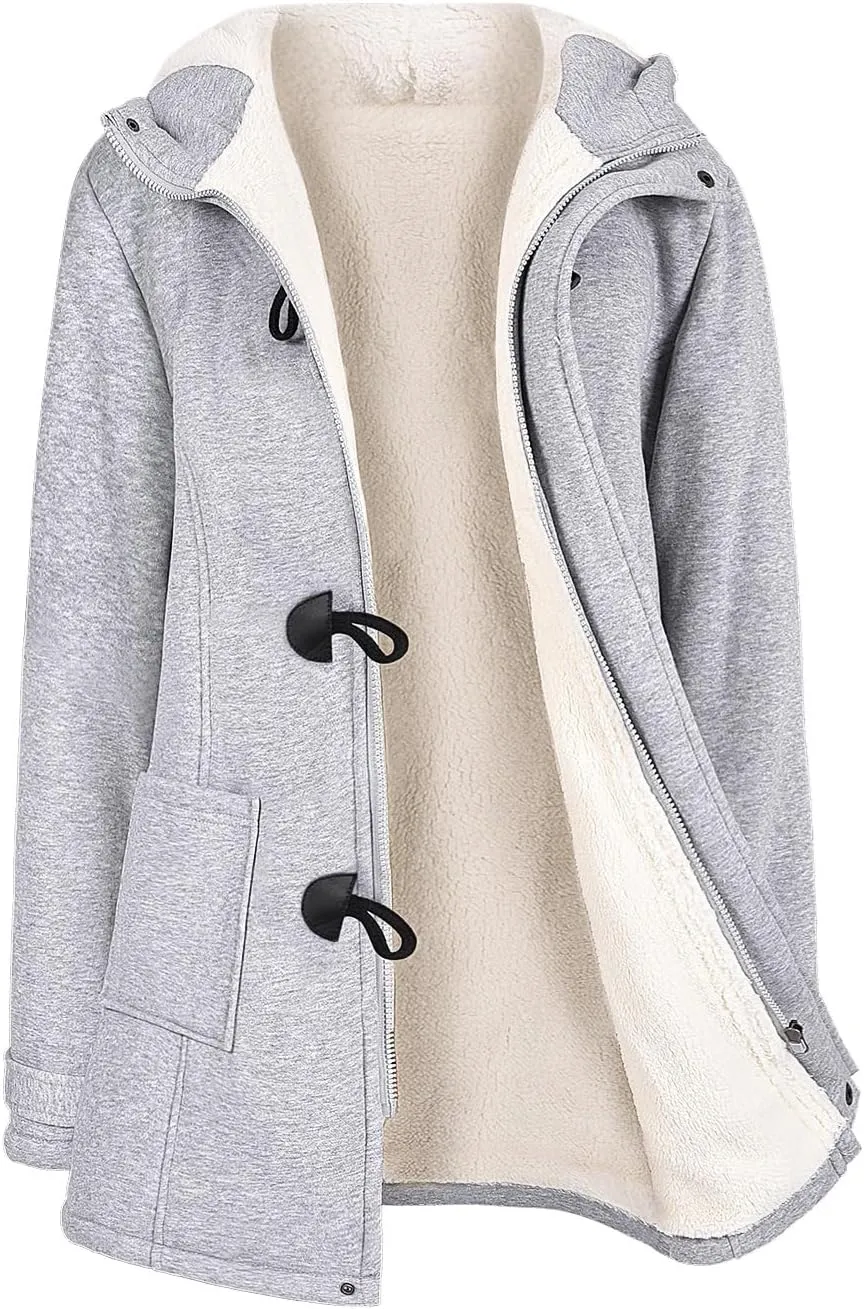 Womens Sherpa Lined Winter Coat Horn Button Fleece Jacket Thicken Zip Up Hoodies Winter Clothes Warm Sweatshirt