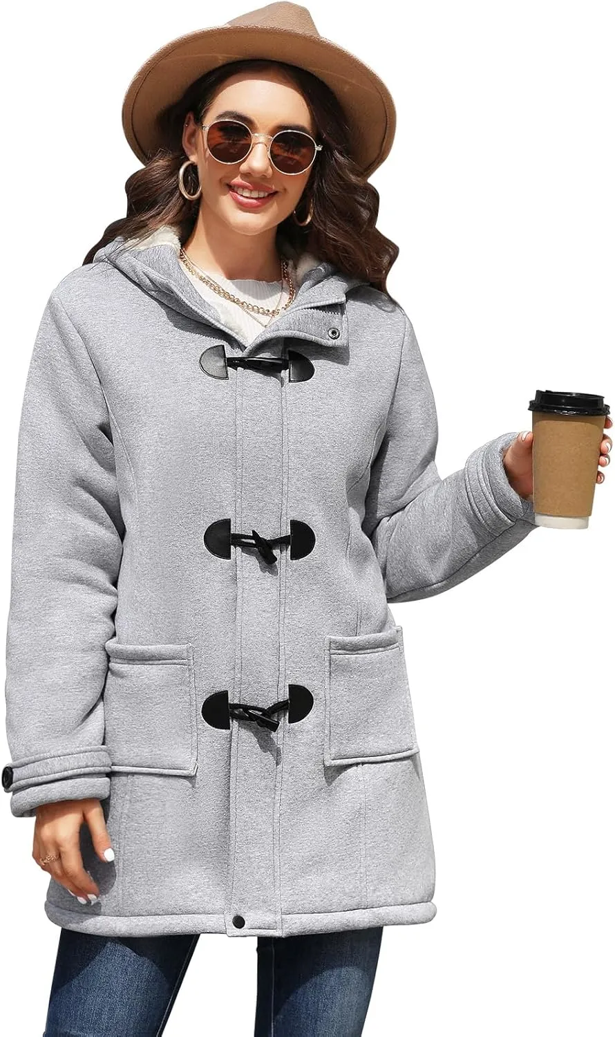 Womens Sherpa Lined Winter Coat Horn Button Fleece Jacket Thicken Zip Up Hoodies Winter Clothes Warm Sweatshirt