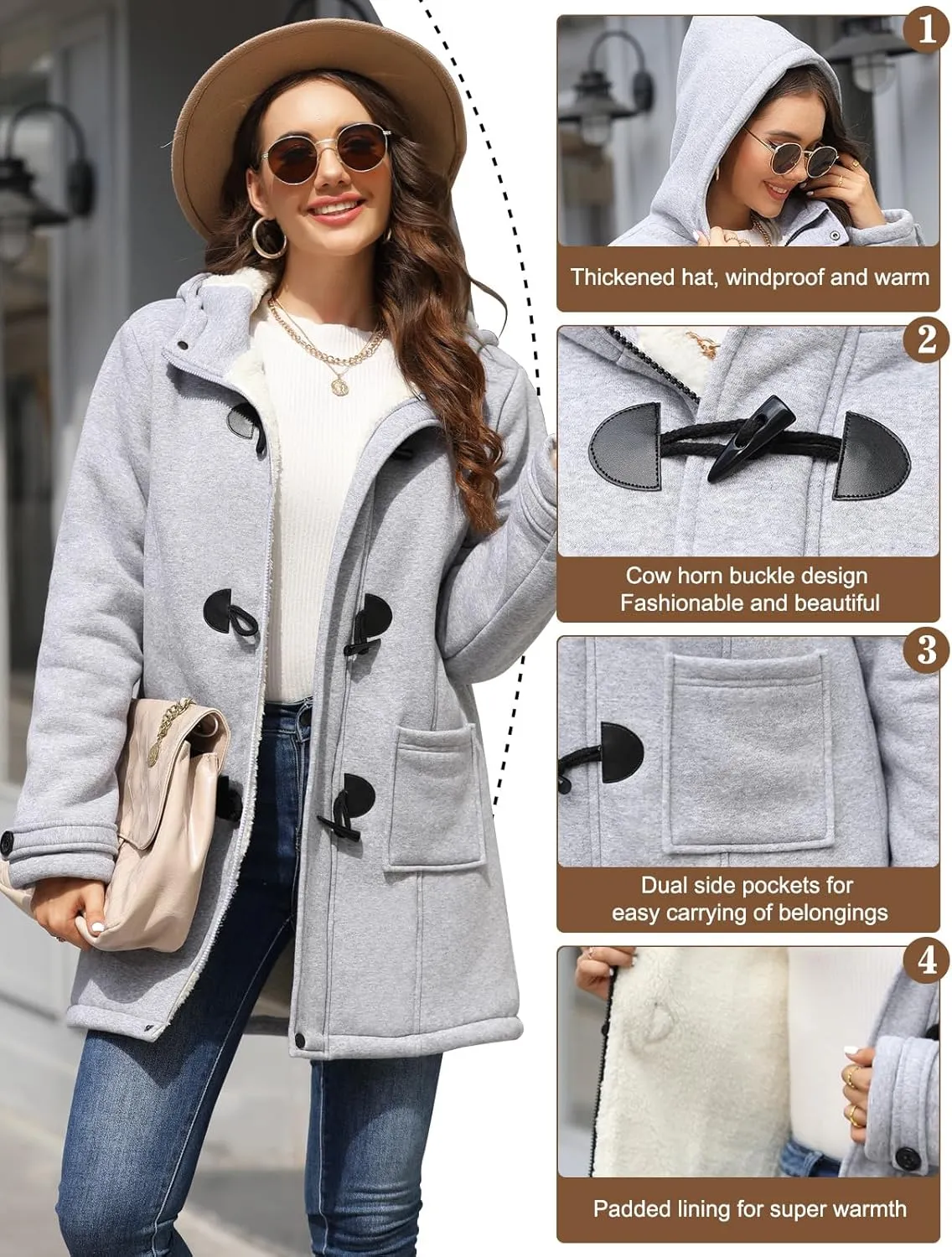 Womens Sherpa Lined Winter Coat Horn Button Fleece Jacket Thicken Zip Up Hoodies Winter Clothes Warm Sweatshirt