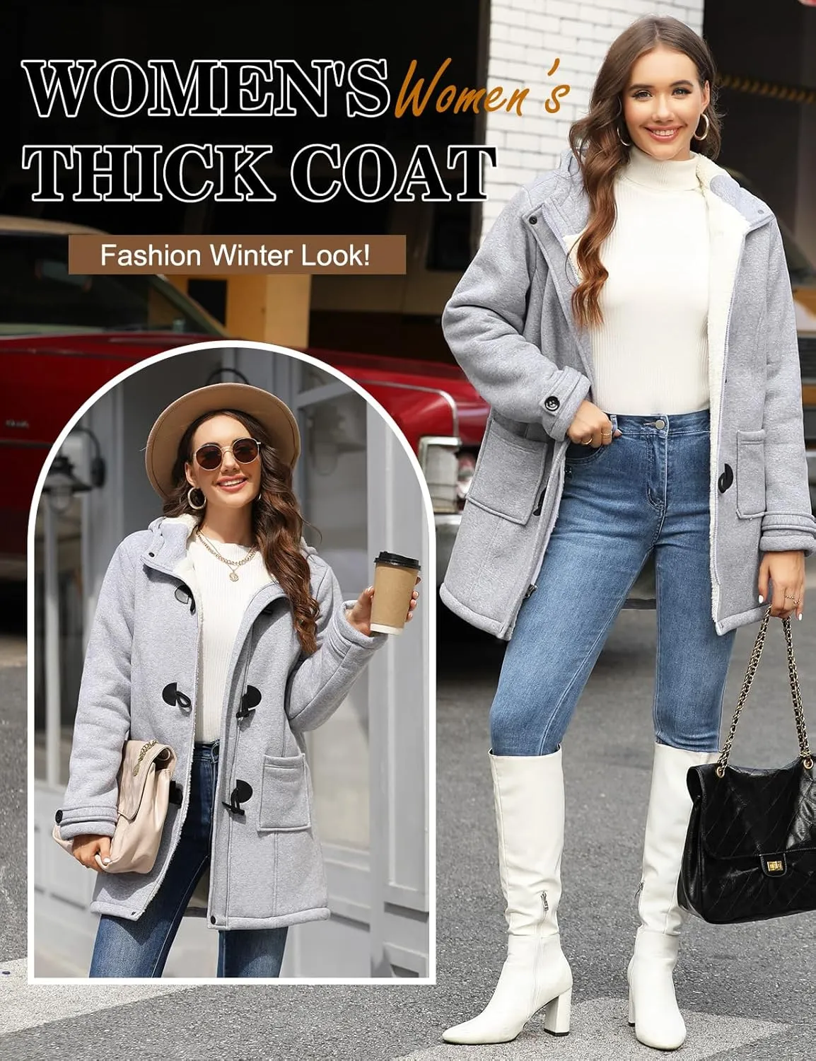 Womens Sherpa Lined Winter Coat Horn Button Fleece Jacket Thicken Zip Up Hoodies Winter Clothes Warm Sweatshirt