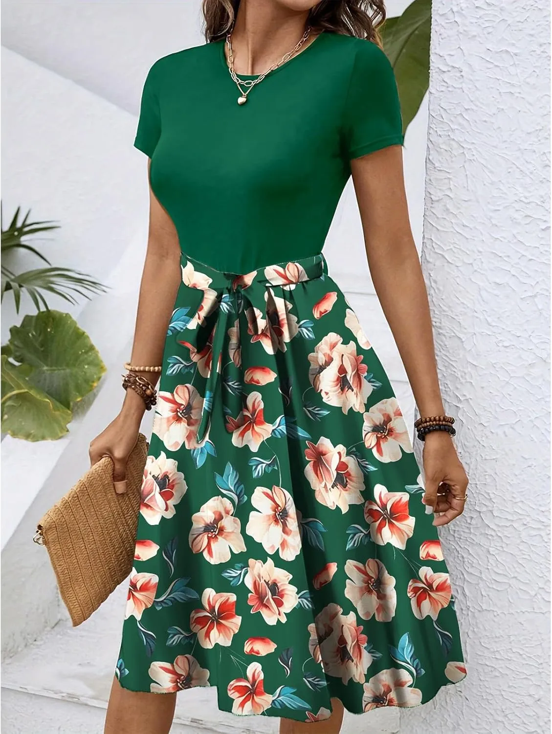 Women's Short Sleeve Dresses Empire Waist Floral Printing Crewneck Color Blocked Belt Casual Midi Length Dress