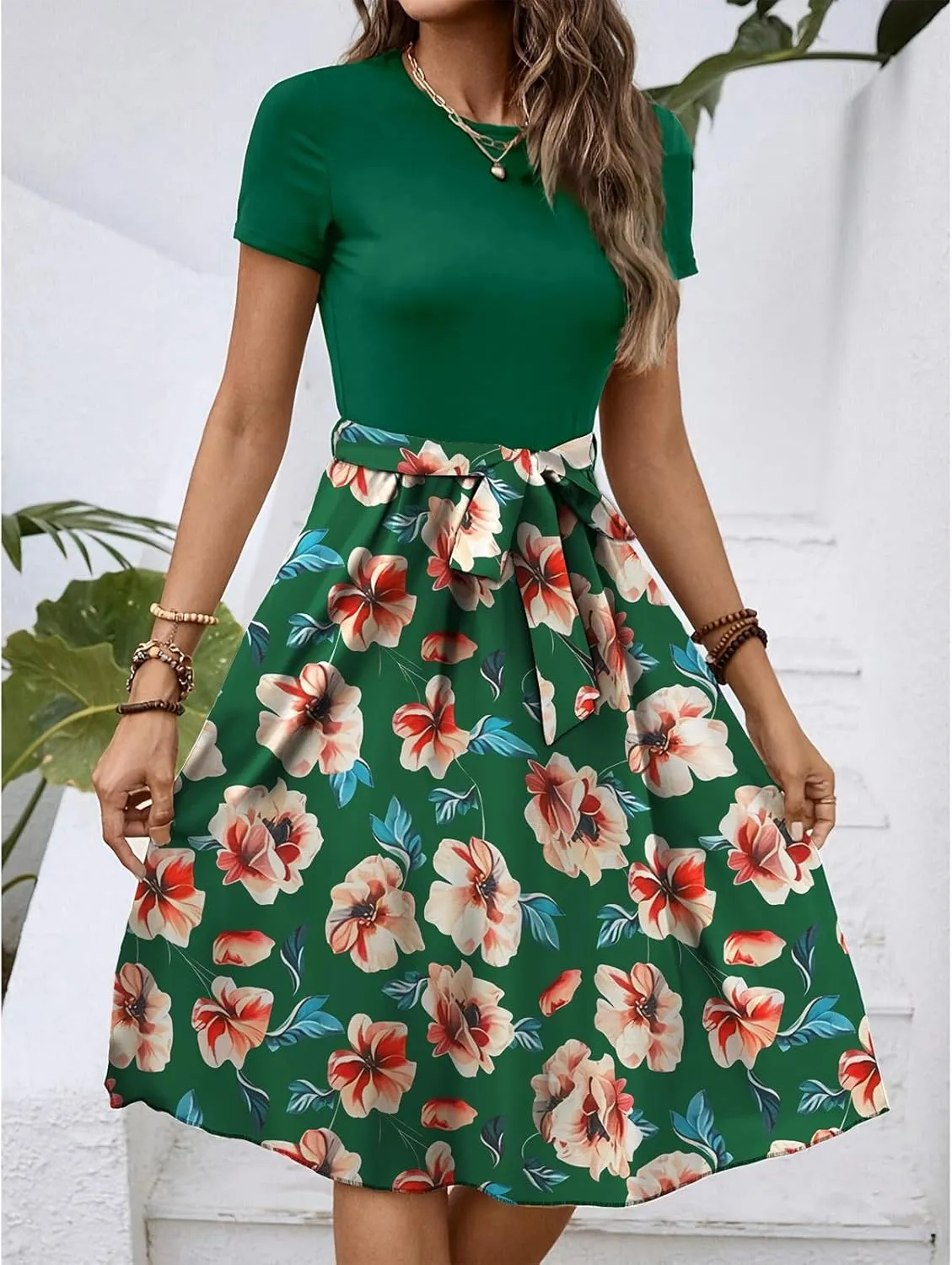 Women's Short Sleeve Dresses Empire Waist Floral Printing Crewneck Color Blocked Belt Casual Midi Length Dress