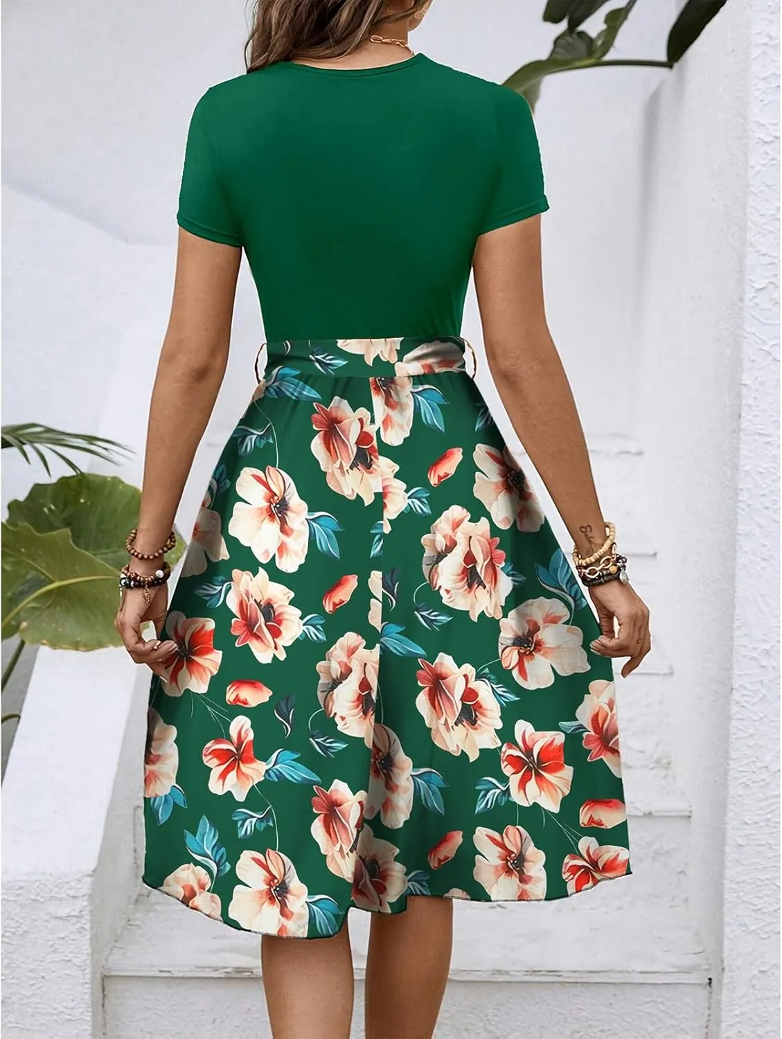 Women's Short Sleeve Dresses Empire Waist Floral Printing Crewneck Color Blocked Belt Casual Midi Length Dress