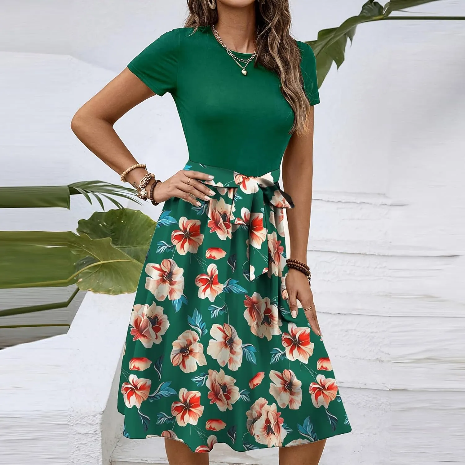 Women's Short Sleeve Dresses Empire Waist Floral Printing Crewneck Color Blocked Belt Casual Midi Length Dress